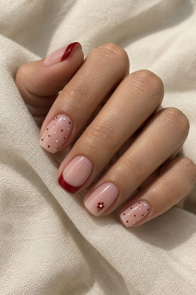 Milky cherry red nails with French tips and playful polka dot accents
