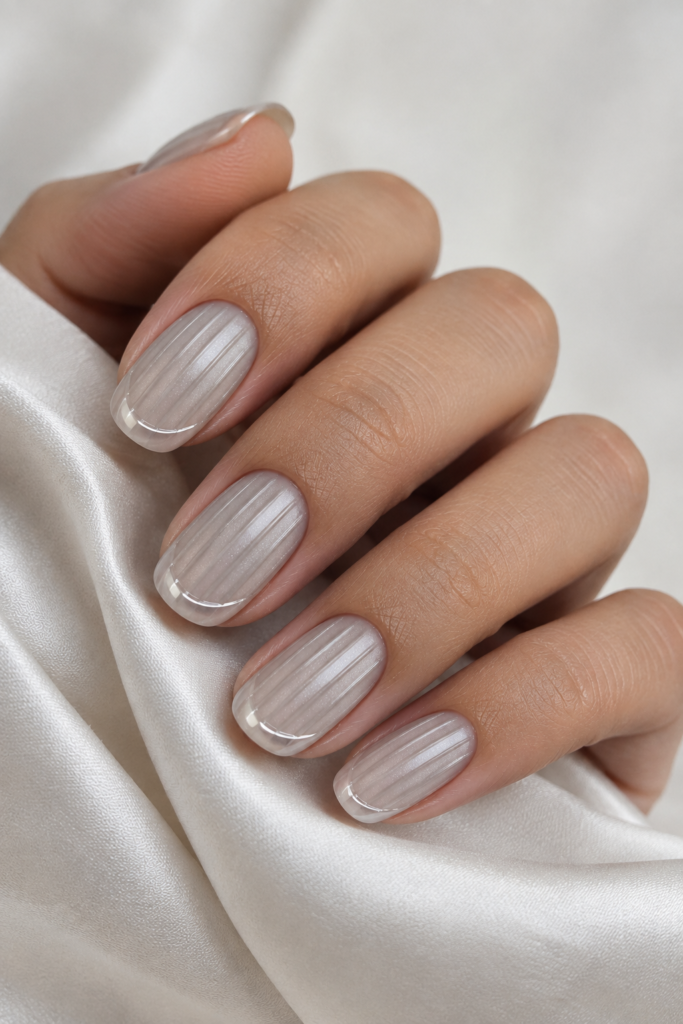 Milky gray ribbed glass nails with delicate French crescent details