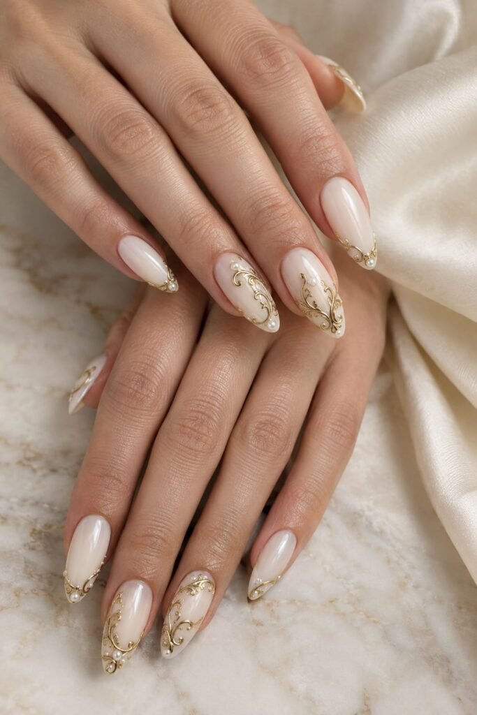 Milky ivory Baroque nails with raised antique-gold scrollwork and pearl accents.