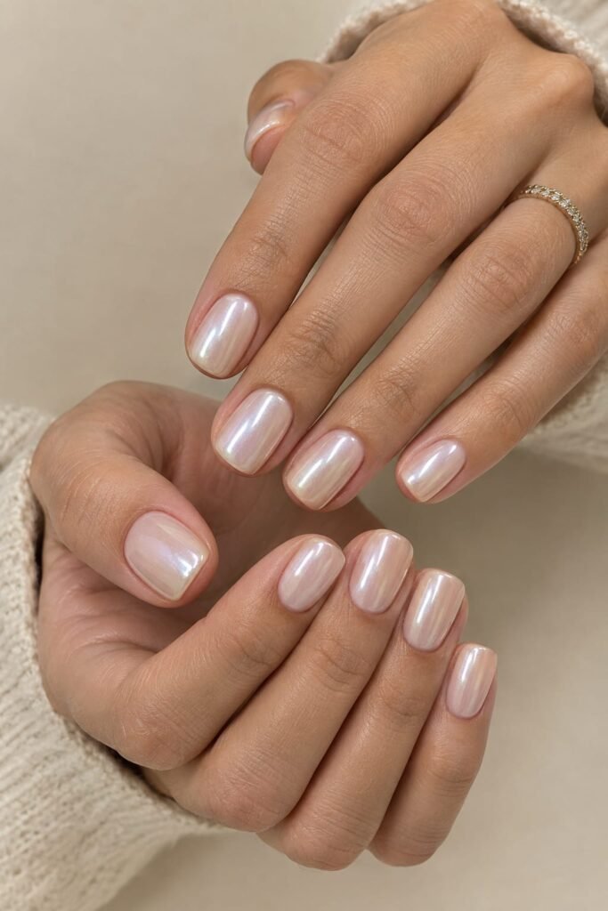 Milky ivory pearl chrome nails on short rounded-square nails