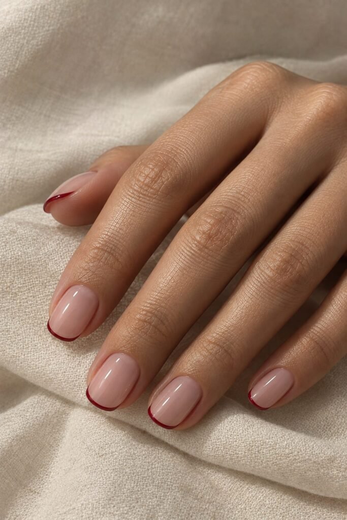 Minimal cherry red micro French tips on short squoval nails