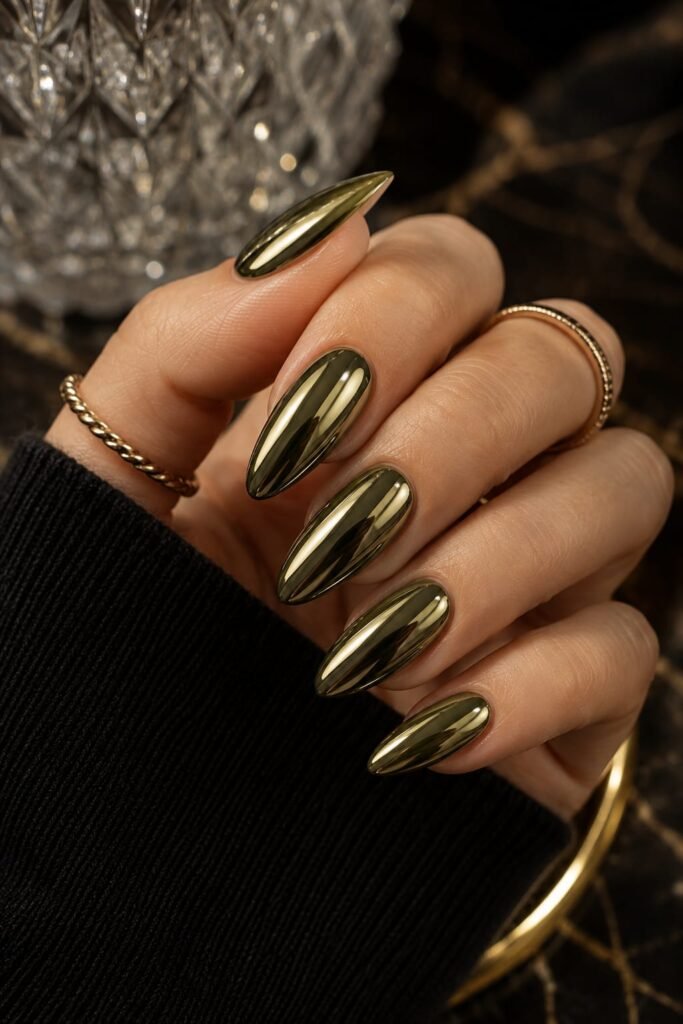 Mirror-like olive green chrome almond nails with liquid metallic finish.