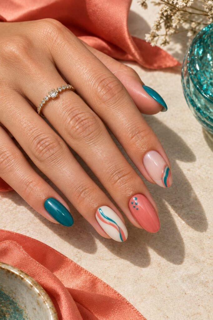 Mix-and-match teal, coral, and cream oval nails with abstract wave details.