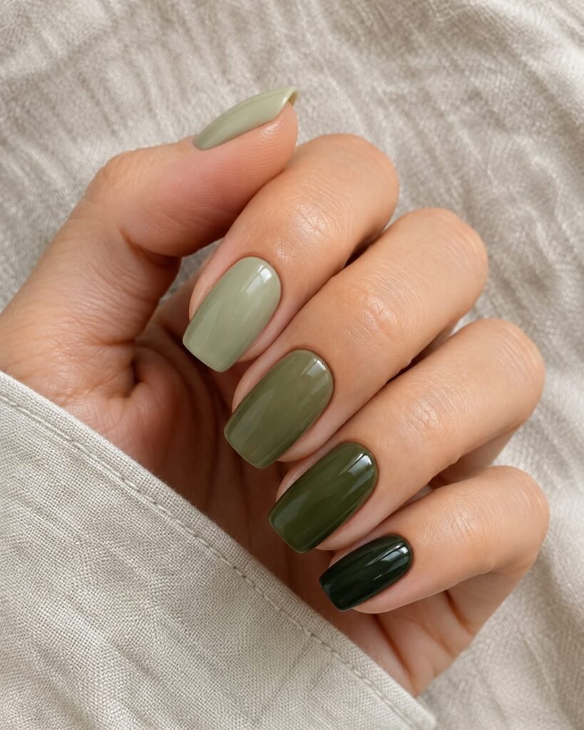 Monochrome skittle gradient manicure transitioning across five olive green shades.