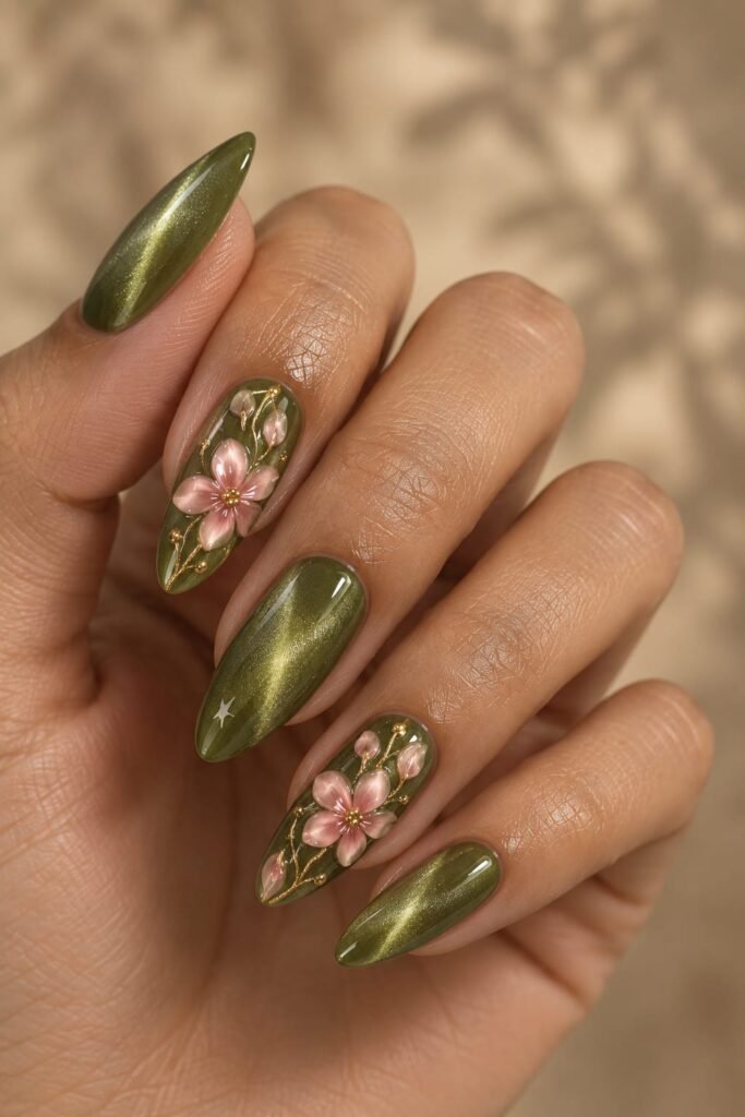 Moss green cat-eye almond nails with raised pink flowers