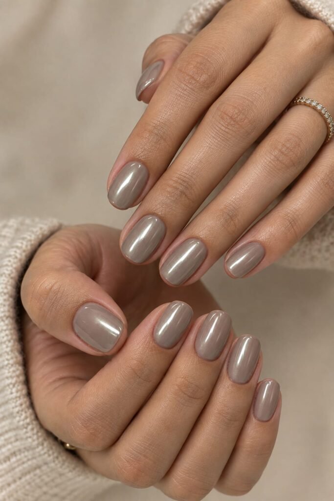 Mushroom taupe pewter chrome nails in a short squoval shape
