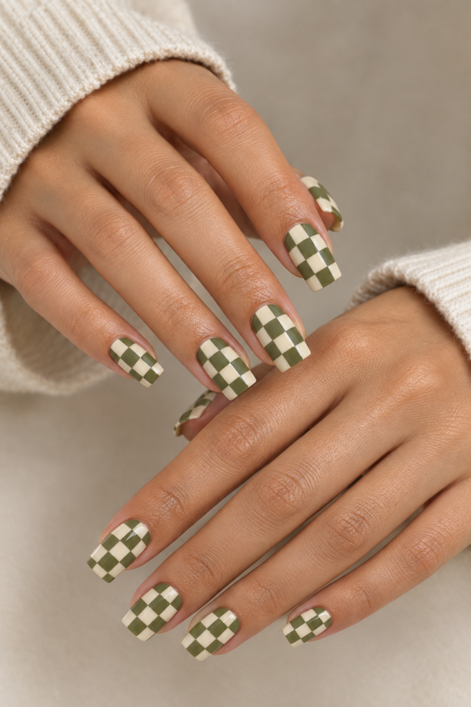 Muted green and cream checkerboard nail art on glossy square nails.