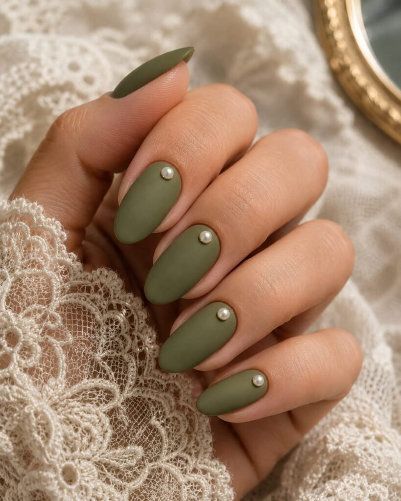 Muted matte olive green nails featuring tiny pearl stud accents.