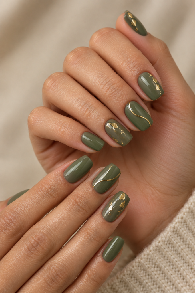 Muted olive green squoval nails with delicate gold foil accents.