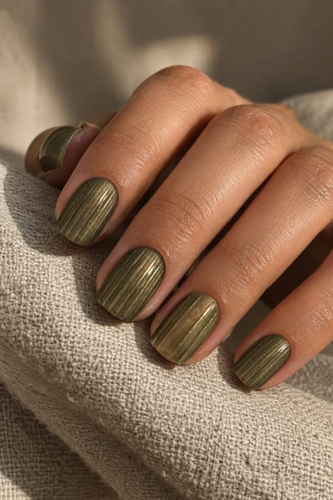 Muted olive green suede-finish ribbed glass nails