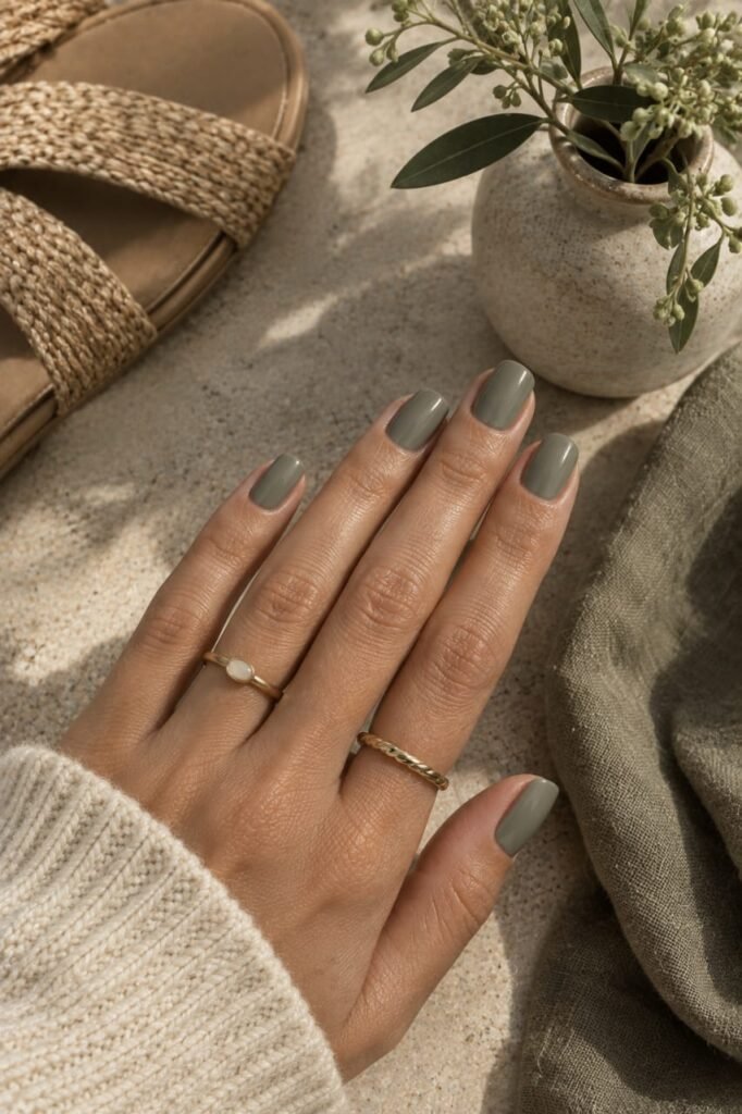 Muted sage green September nails with a satin finish styled with natural linen and neutral accessories.