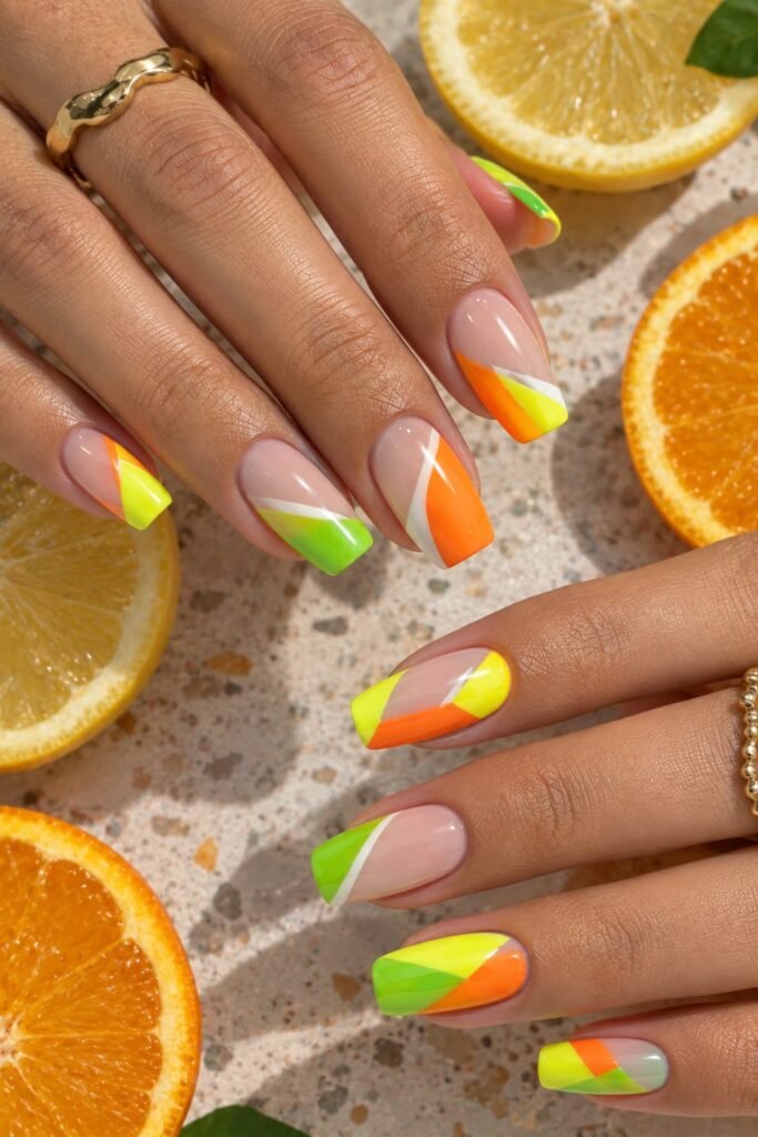 Neon citrus color block nails with yellow, orange, and lime green geometric designs.