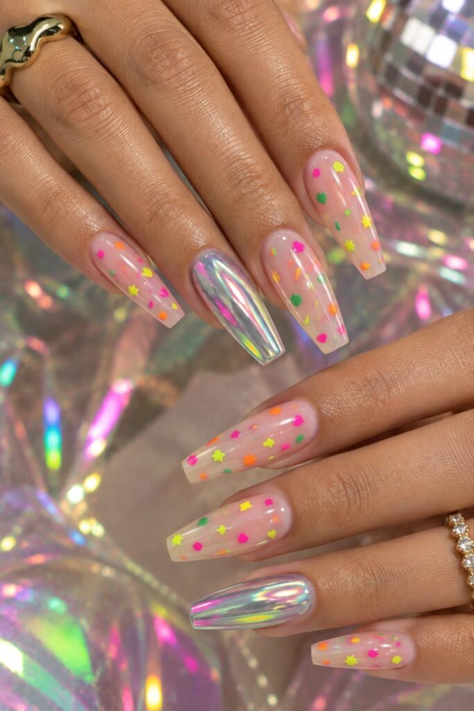 Neon confetti nails with colorful accents and shiny chrome details on coffin nails.