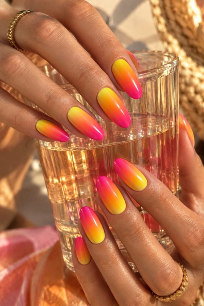 Neon sunset ombré nails blending bright yellow, orange, coral, and hot pink.