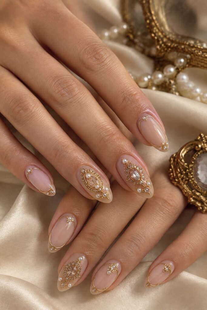 Nude Baroque nails with miniature gold medallions, pearls, and antique-inspired filigree.