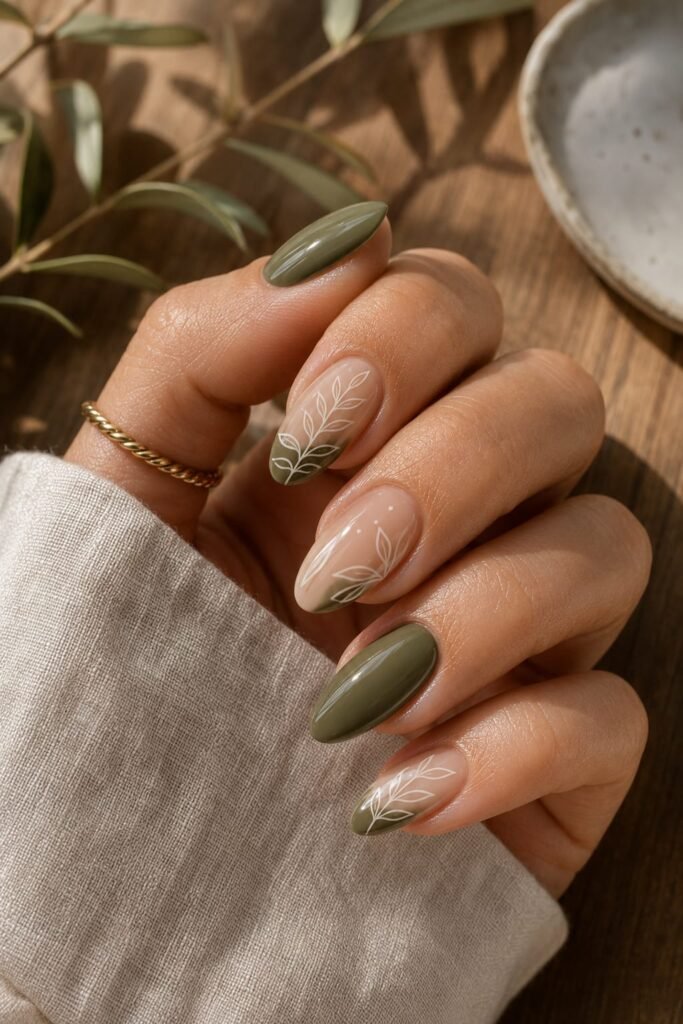 Nude and olive green manicure featuring fine-line botanical leaf drawings.
