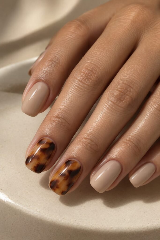 Nude beige rounded-square nails with tortoiseshell accent nails