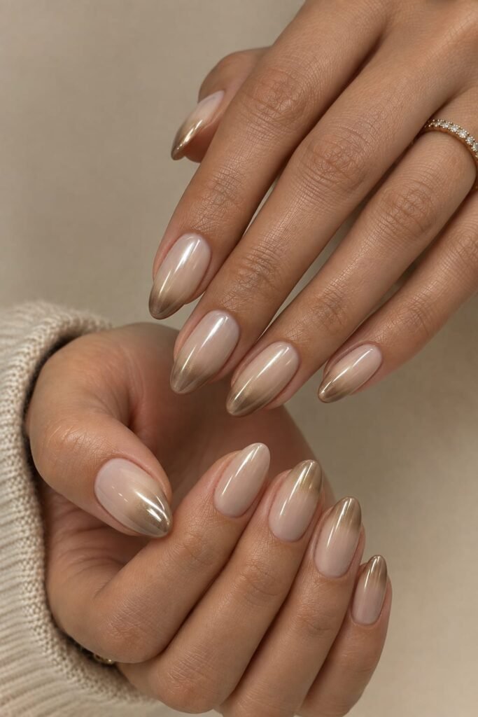 Oatmeal latte chrome ombré nails with medium oval tips