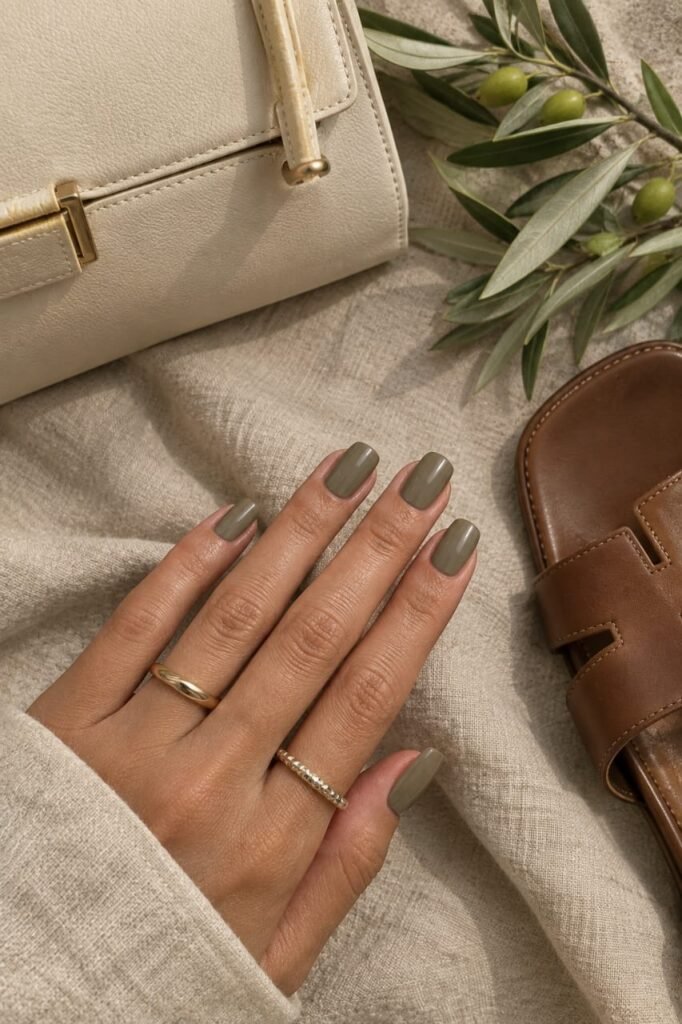 Olive mist September nails in a soft satin finish styled with beige linen and neutral leather accessories.