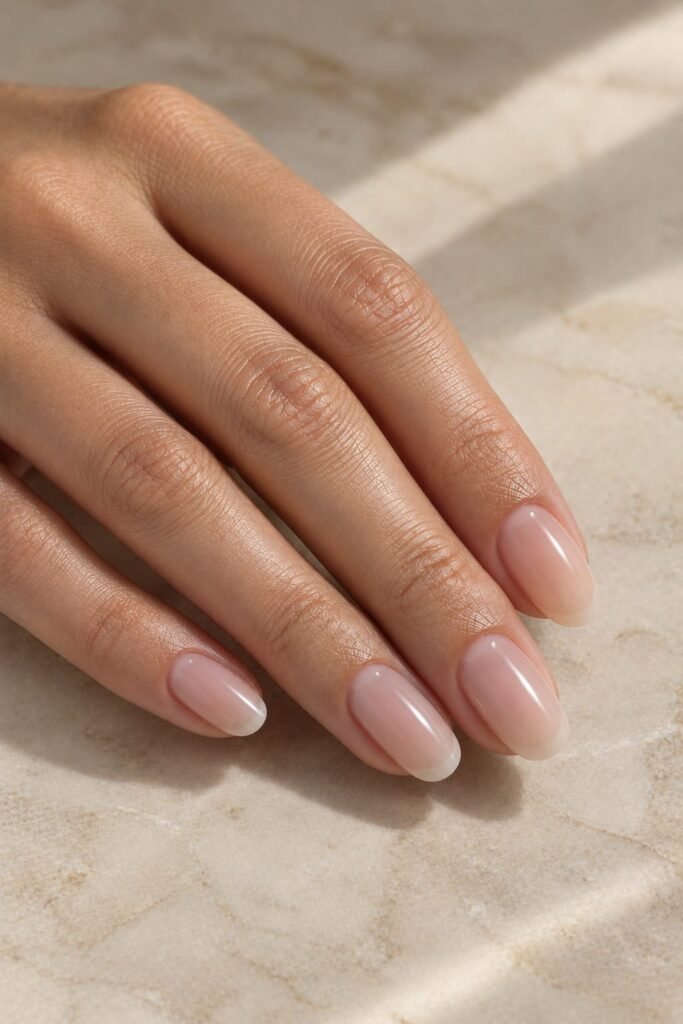 Oval barely-there foggy French nails in translucent beige tones