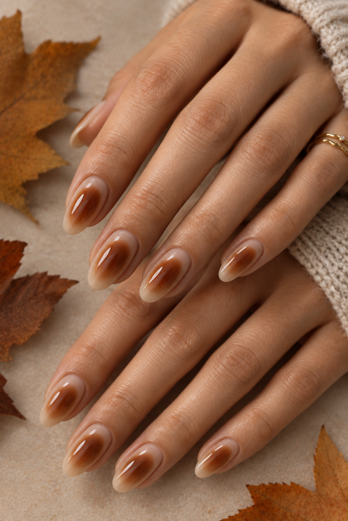 Oval nude nails with soft cinnamon brown aura centers and warm autumn styling.