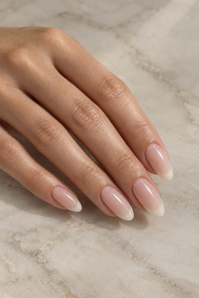 Oval pearly foggy French nails with diffused ivory tips