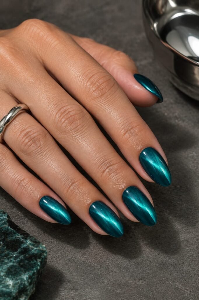 Oval teal cat-eye nails with a luminous blue-green magnetic reflection.