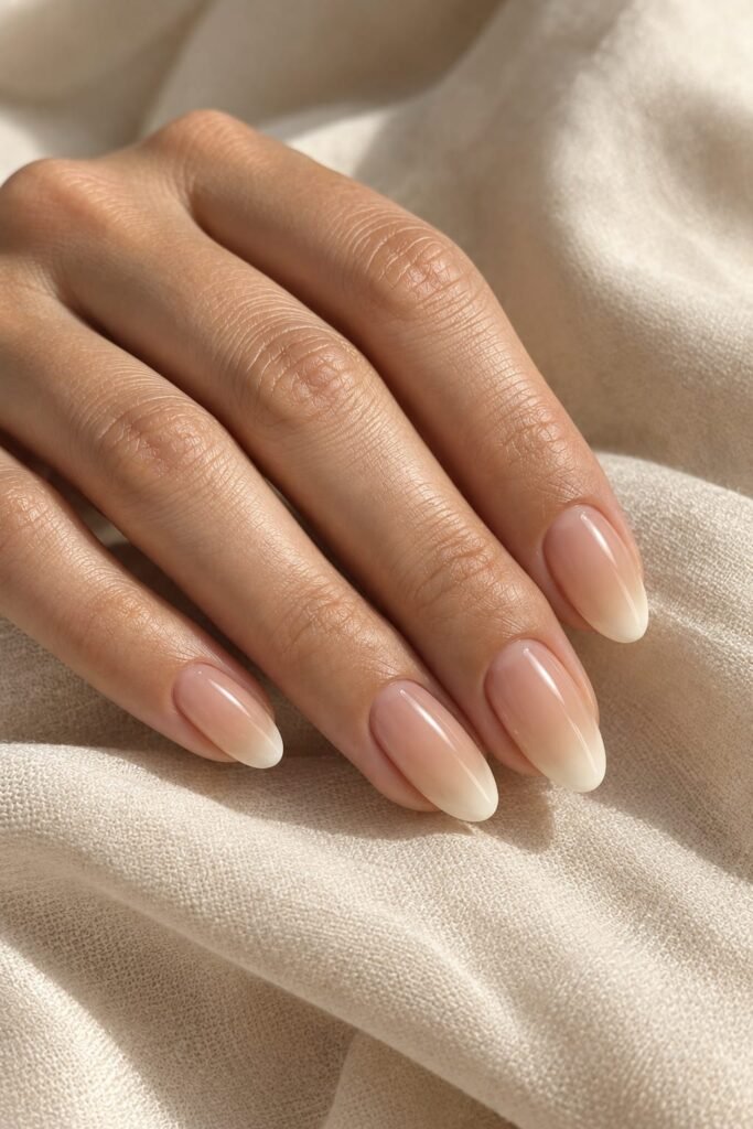 Oval vanilla foggy French nails with a warm beige sheer base