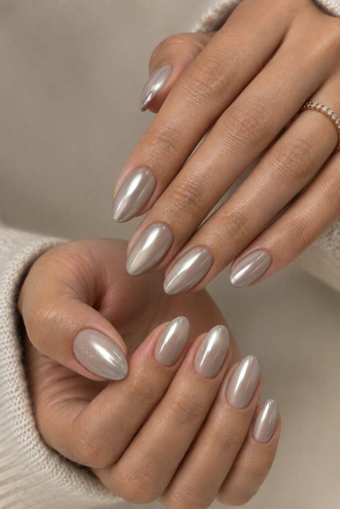 Pale greige silver chrome nails on short almond nails