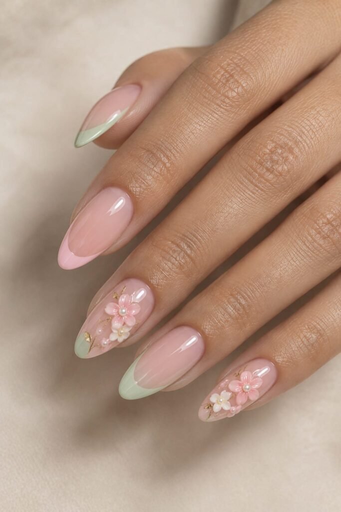 Pastel pink and green almond nails with 3D floral accents