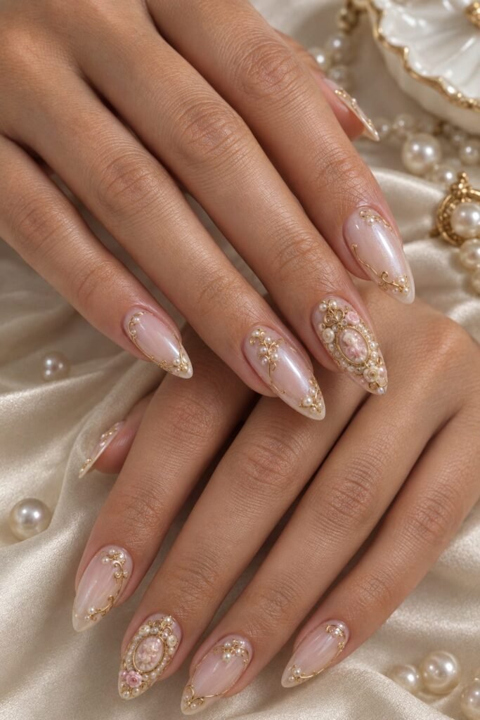 Pearl-white Rococo Baroque nails with gold cameos, curls, and delicate pearl details.