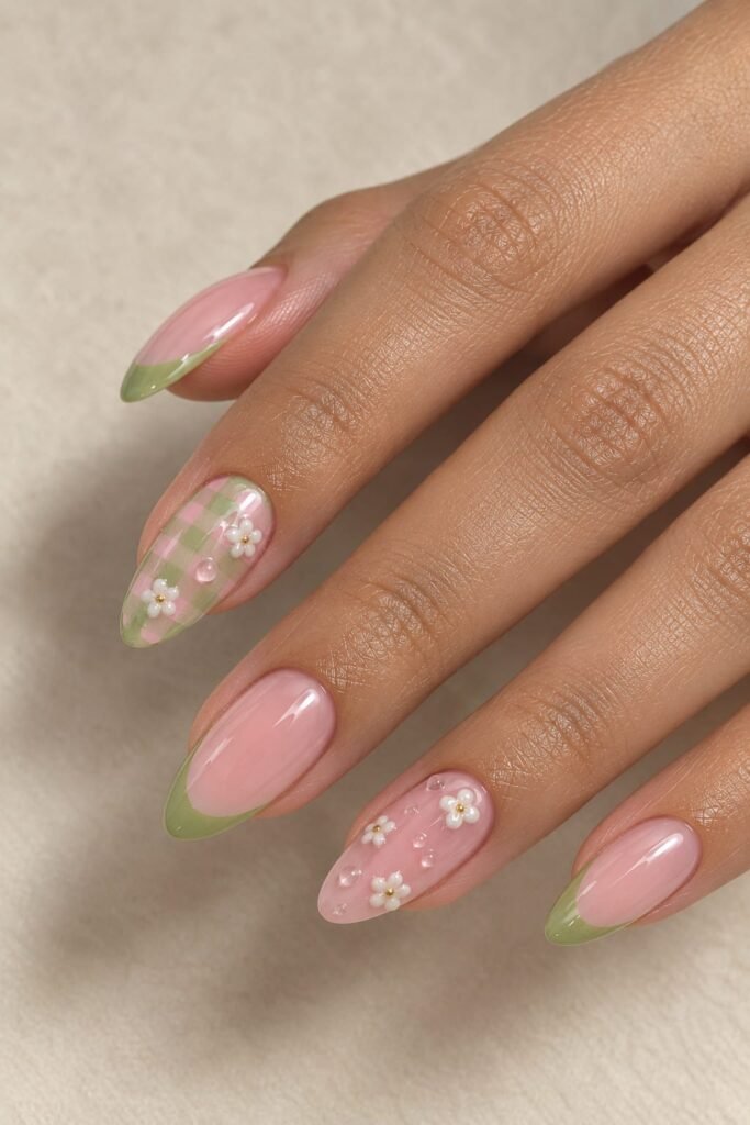 Pink and green almond nails with gingham and floral accents