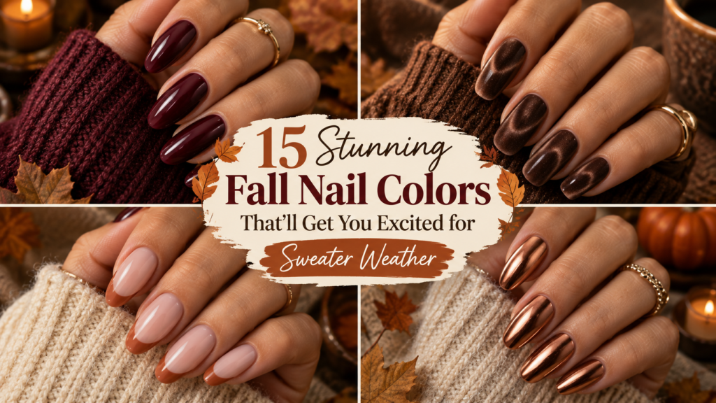 Pinterest-style collage featuring four fall nail colors including glossy burgundy, chocolate brown velvet, terracotta French tips, and metallic copper nails.