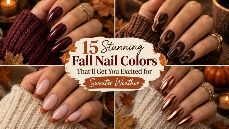 Pinterest-style collage featuring four fall nail colors including glossy burgundy, chocolate brown velvet, terracotta French tips, and metallic copper nails.