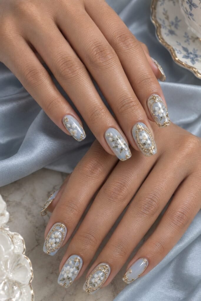 Powder-blue porcelain Baroque nails with white florals and delicate gold ornament.