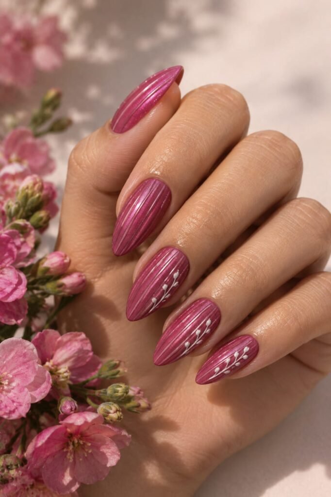 Raspberry pink ribbed glass nails with delicate white botanical accents