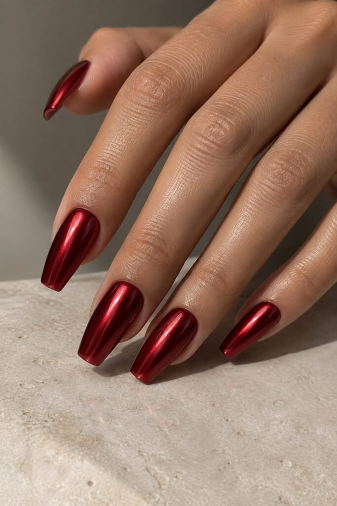 Reflective cherry red chrome nails with a glossy metallic finish