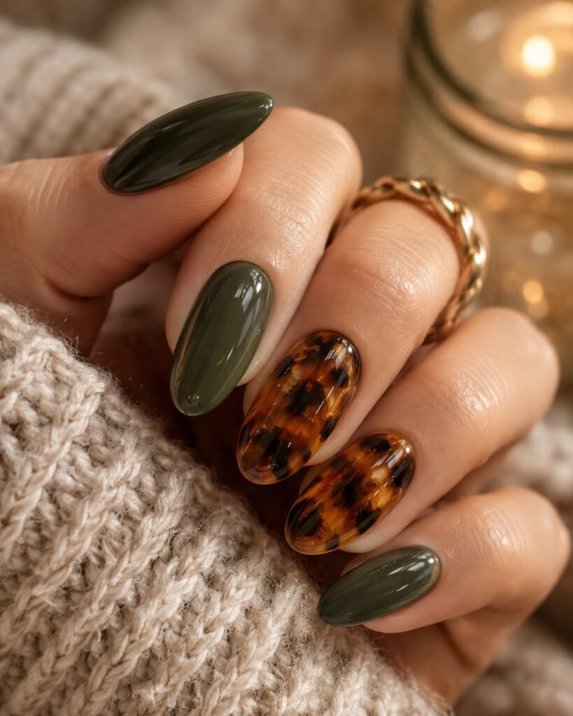 Rich olive green manicure featuring warm tortoise shell pattern accent nails.