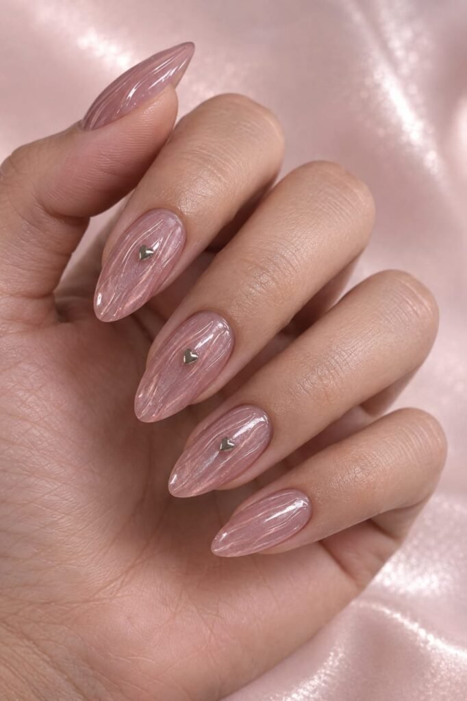 Rose pink ribbed glass nails with tiny chrome heart accents