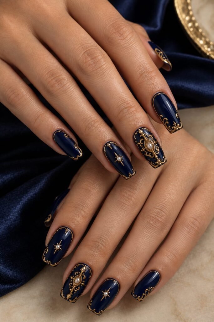 Royal navy Baroque nails with delicate raised gold filigree and pearls.