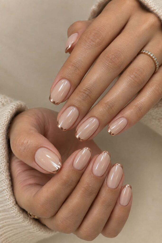 Sandy beige nails with rose-gold chrome French tips