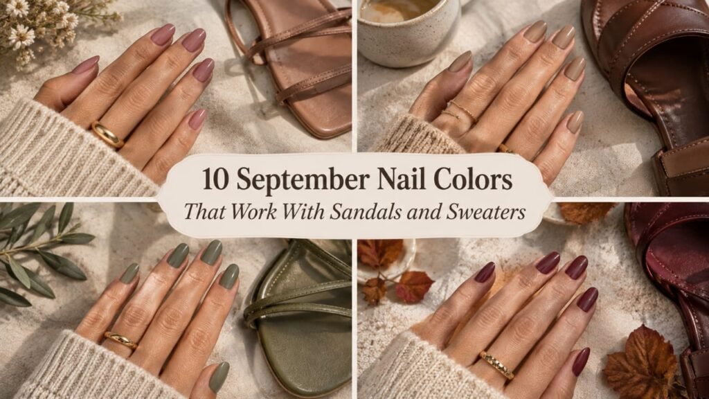 September nail colors featuring elegant transitional manicures styled with sandals, sweaters, and autumn-inspired accessories.