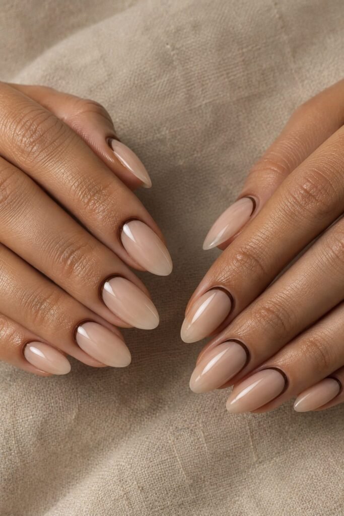 Sheer beige almond nails with espresso brown reverse French curves