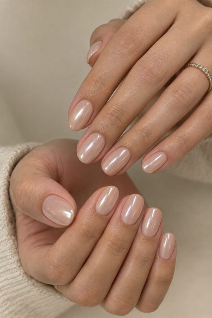 Sheer beige glazed chrome nails on short oval nails