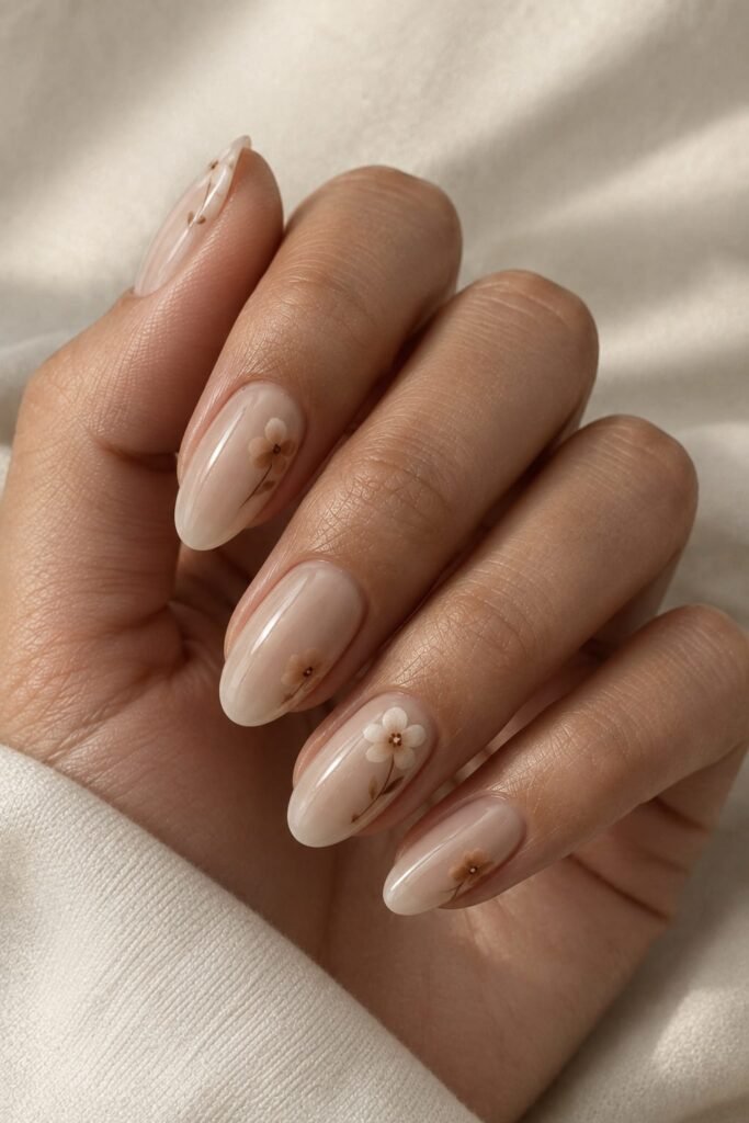 Sheer beige oval nails with delicate ivory and caramel floral art