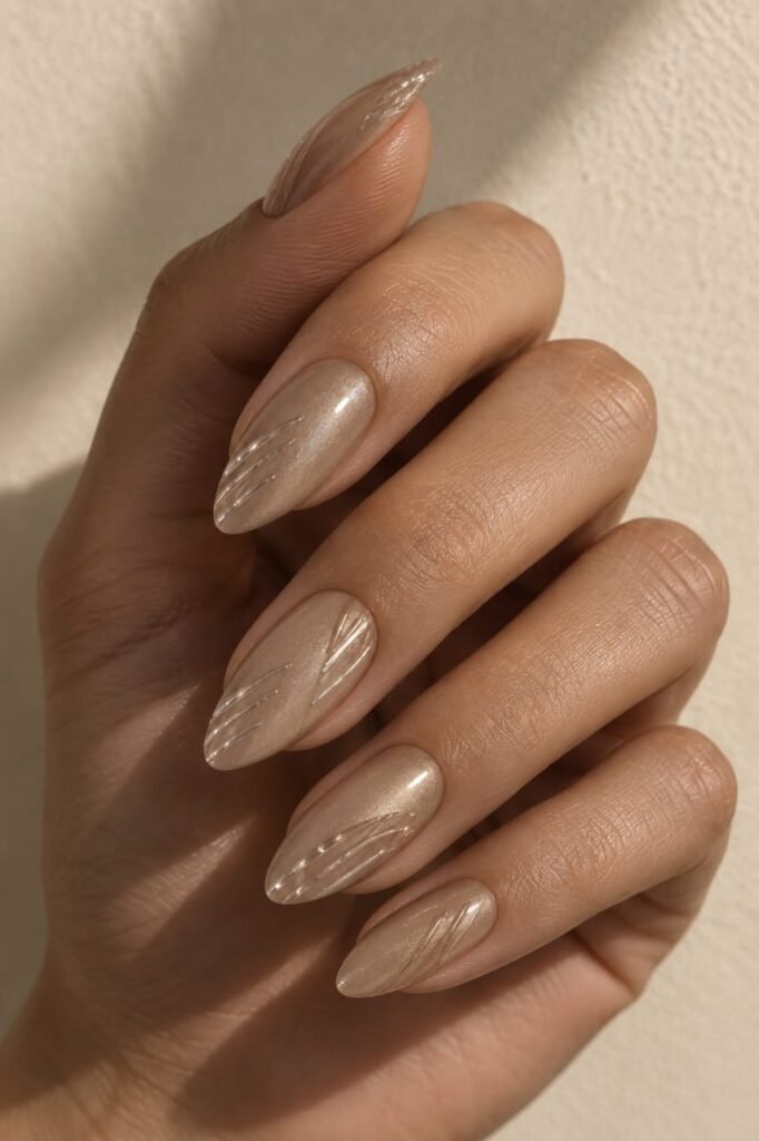 Sheer champagne ribbed glass nails with modern negative-space texture