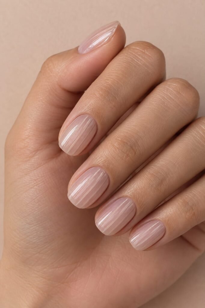 Sheer milky pink short nails with subtle ribbed glass texture