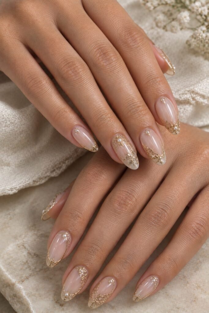 Sheer nude Baroque nails with delicate gold filigree and tiny pearl accents.
