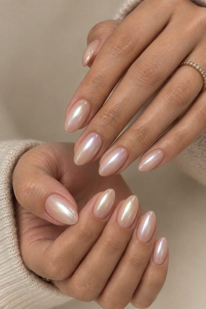 Sheer nude chrome aura nails with soft almond shaping