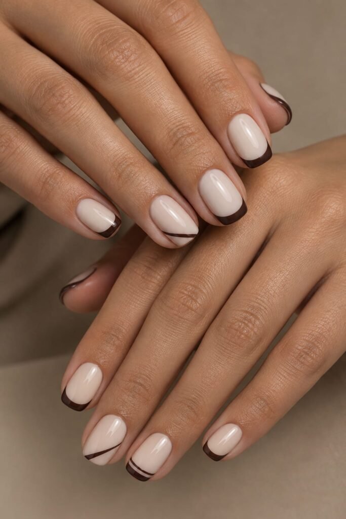 Short September nails with varied espresso and cream French tips